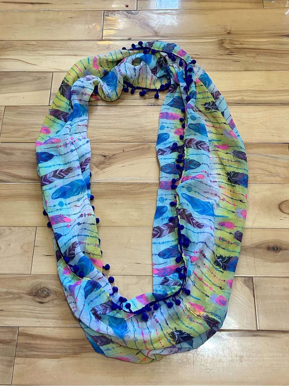 Kids Colourful feather Infinity Scarf with Pom Trim